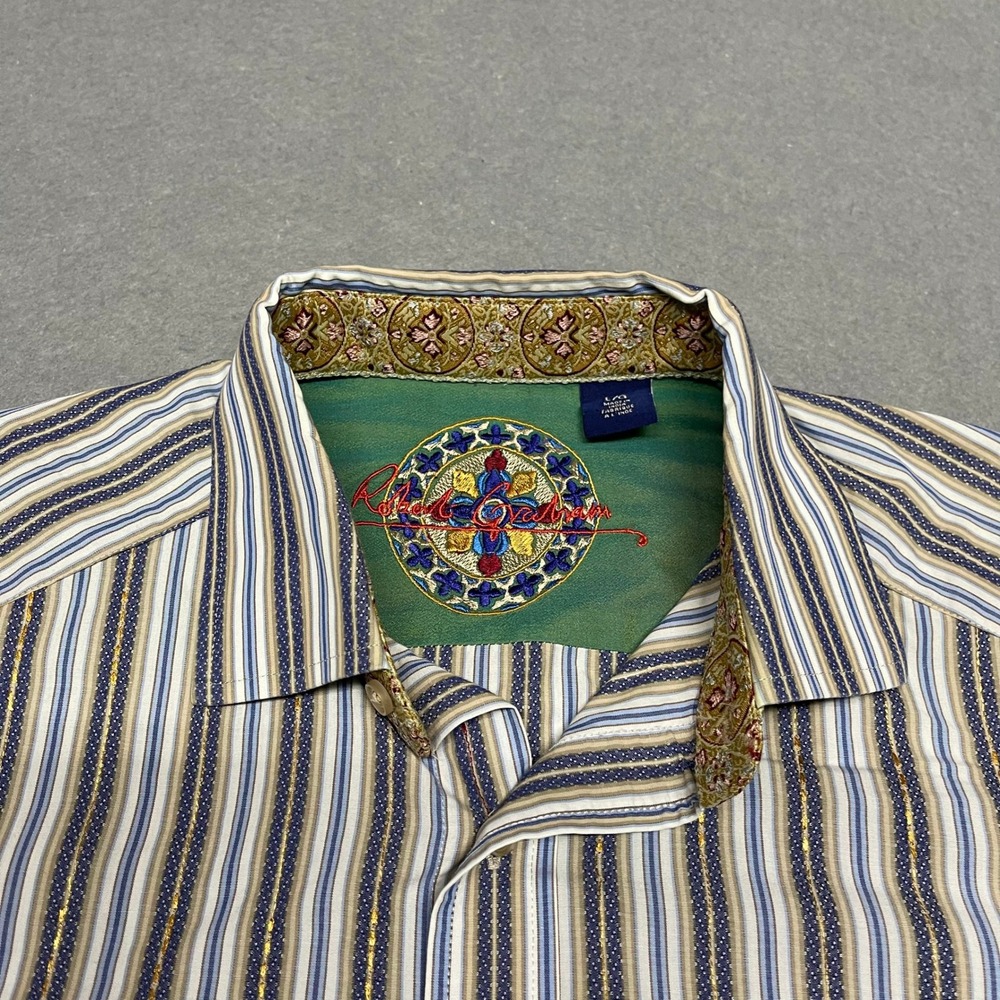Robert Graham Shirt Mens Large Gray Striped Metallic Gold Embroidery Button Down - Picture 3 of 11